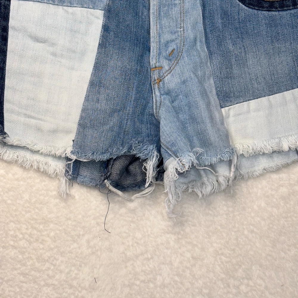 Abercrombie & Fitch Multi-Blue patchwork high rise Jean boho chic Shorts Size 0 - Picture 3 of 12
